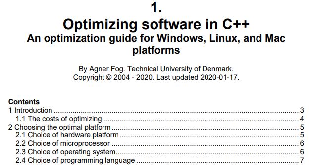 Optimizing software in C++ An optimization guide for Windows, Linux, and Macplatforms by Agner Fog